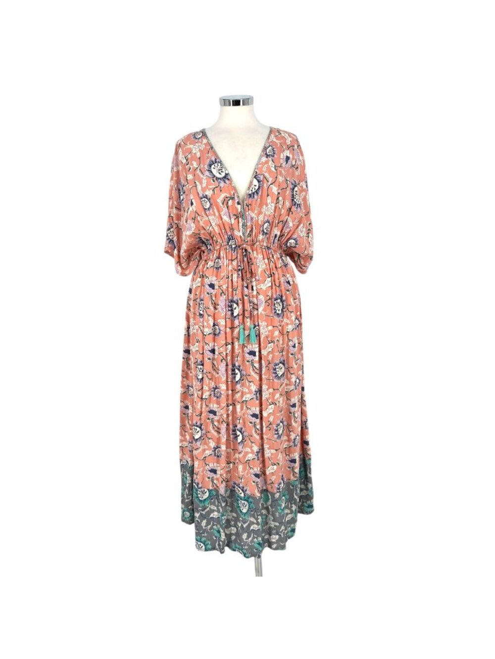 World Market Floral Kaftan Dress V-Neck Short Sleeve Pink Coral Multicolor NWT